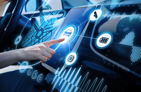 futuristic vehicle and graphical user interface(GUI). intelligent car. connected car. Internet of Things. Heads up display(HUD).