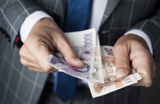 businessman counting czech korunas banknotes